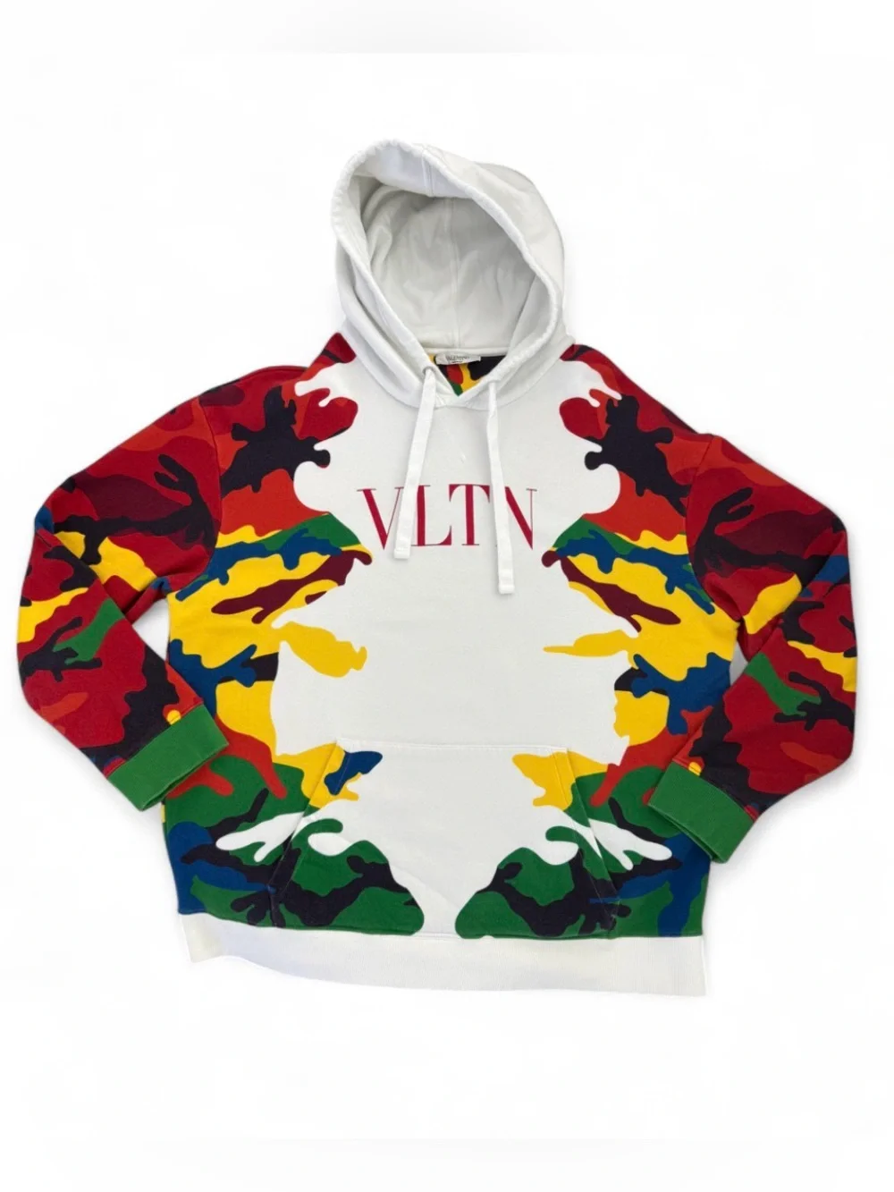 Valentino White Hooded Sweater with Red Logo and Multi-Color Camouflage
